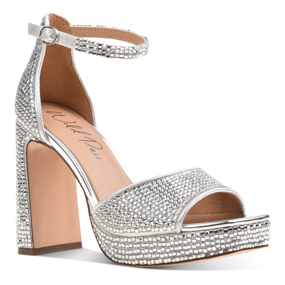 NEW {WILD PAIR} Hendryx Silver Rhinestone Platform Heeled Sandals